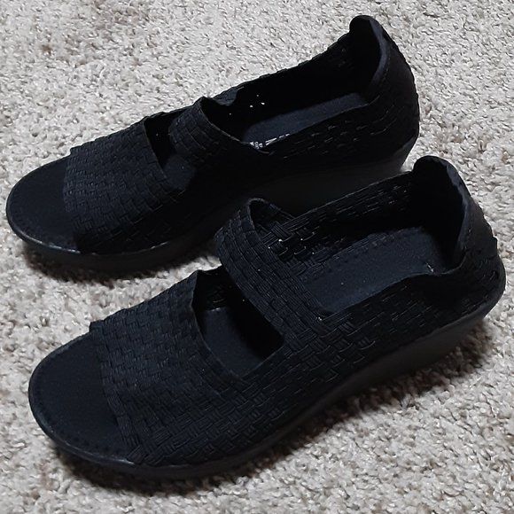 Women's Steve Madden Black Wedge Basket Weave Style Open Toe Shoes Size 8 - Picture 3 of 7